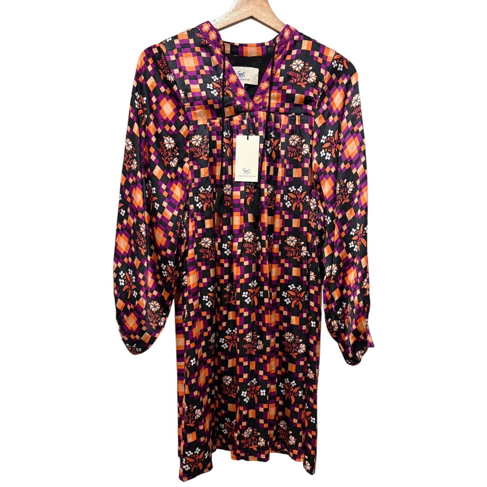 Printfresh Tunic Dress Women Sz XS Satin Colorful Boho Tassle Long Puff Sleeve